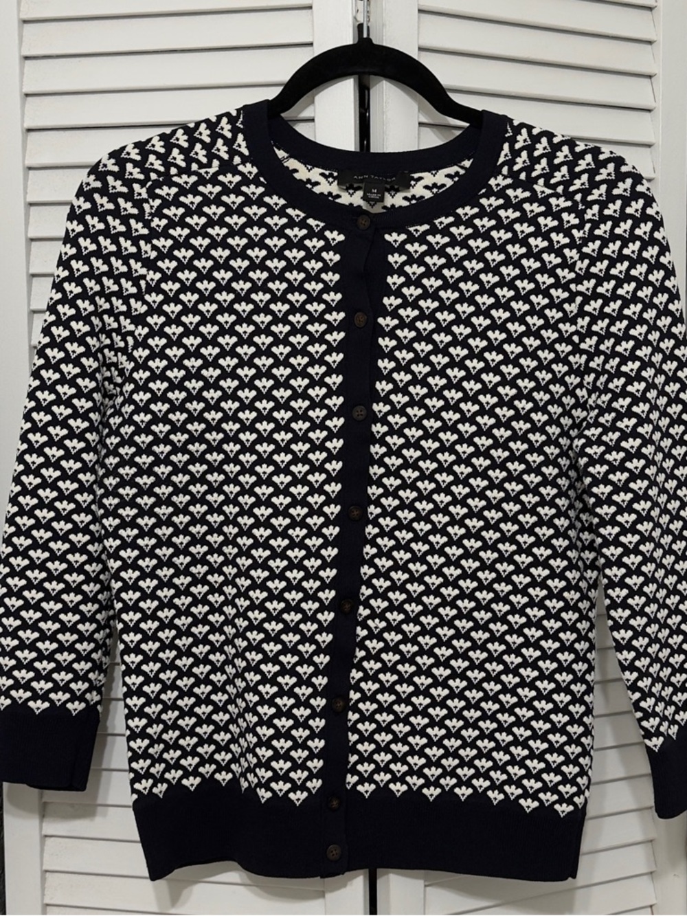 Classic Navy & White Patterned Ann Taylor Cardigan Sweater